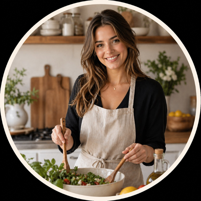 “Rina food blogger sharing quick and healthy homemade recipes in a modern kitchen”
